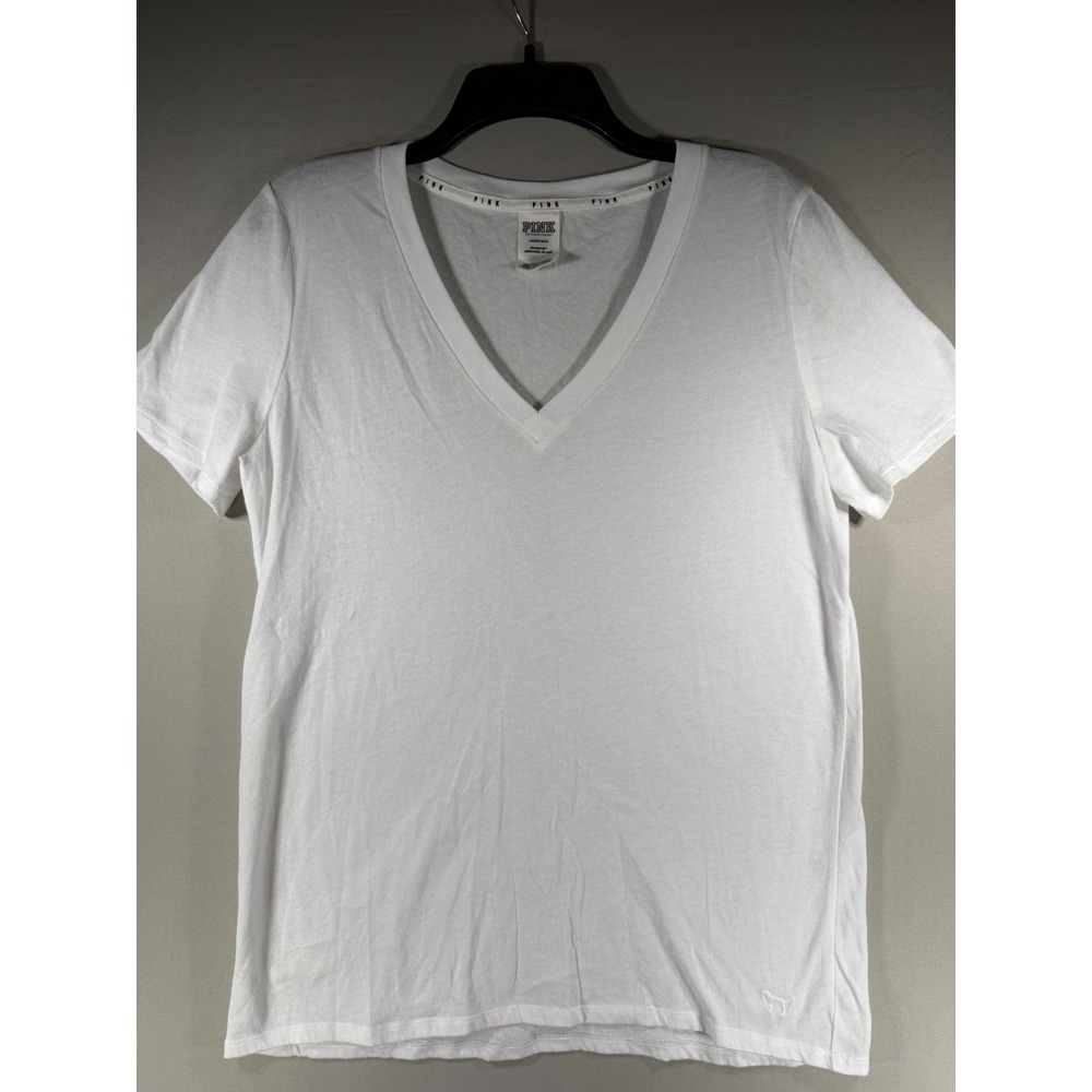 Victoria's Secret PINK Sleepwear V-Neck T-Shirt White Embroidered Dog Logo Large